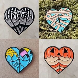 4 Heart-Shaped Halloween Enamel Pins Set